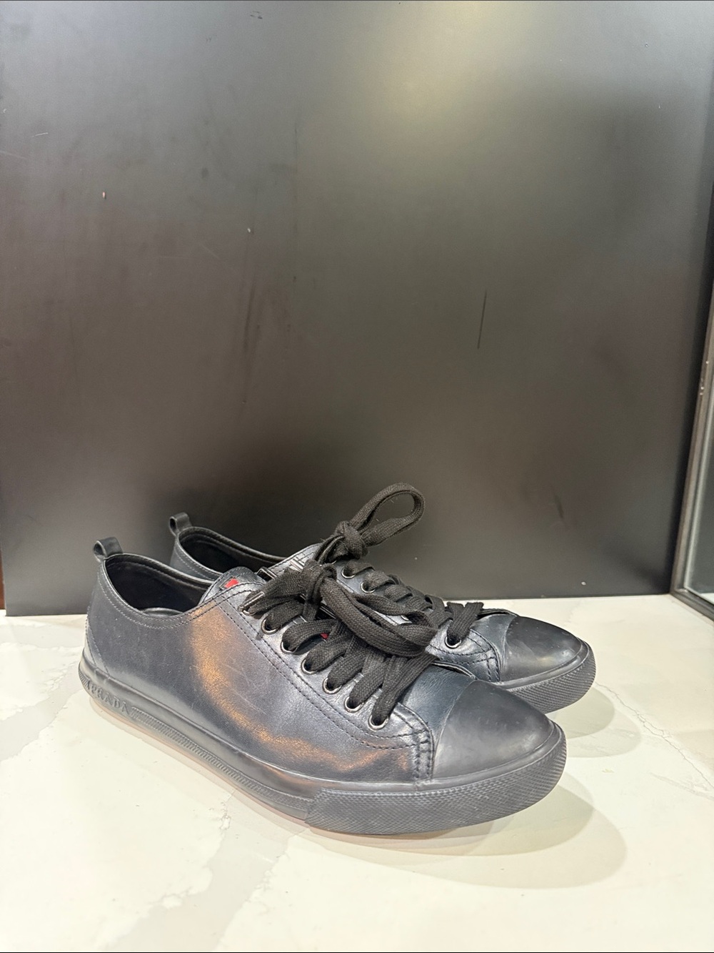 Prada Men's Black Leather Low-Top Sneakers